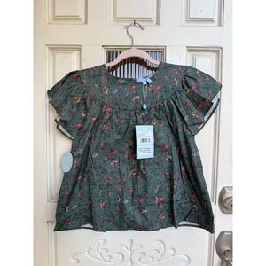 Hill House Home Tiny Heidi Top Fleur Chintz Bottle Green Floral Kids Size 11/12Y